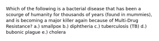 Which of the following is a bacterial disease that has been a scourge of humanity for thousands of years (found in mummies), and is becoming a major killer again because of Multi-Drug Resistance? a.) smallpox b.) diphtheria c.) tuberculosis (TB) d.) bubonic plague e.) cholera