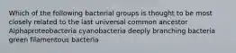 Which of the following bacterial groups is thought to be most closely related to the last universal common ancestor Alphaproteobacteria cyanobacteria deeply branching bacteria green filamentous bacteria