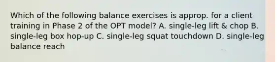 Which of the following balance exercises is approp. for a client training in Phase 2 of the OPT model? A. single-leg lift & chop B. single-leg box hop-up C. single-leg squat touchdown D. single-leg balance reach