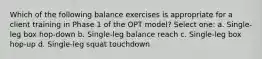 Which of the following balance exercises is appropriate for a client training in Phase 1 of the OPT model? Select one: a. Single-leg box hop-down b. Single-leg balance reach c. Single-leg box hop-up d. Single-leg squat touchdown