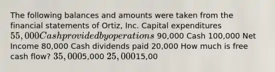 The following balances and amounts were taken from the financial statements of Ortiz, Inc. Capital expenditures 55,000 Cash provided by operations 90,000 Cash 100,000 Net Income 80,000 Cash dividends paid 20,000 How much is free cash flow? 35,0005,000 25,00015,00