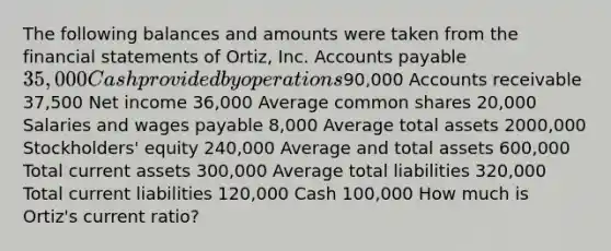 The following balances and amounts were taken from the financial statements of Ortiz, Inc. Accounts payable 35,000 Cash provided by operations90,000 Accounts receivable 37,500 Net income 36,000 Average common shares 20,000 Salaries and wages payable 8,000 Average total assets 2000,000 Stockholders' equity 240,000 Average and total assets 600,000 Total current assets 300,000 Average total liabilities 320,000 Total current liabilities 120,000 Cash 100,000 How much is Ortiz's current ratio?