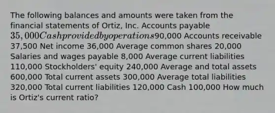 The following balances and amounts were taken from the financial statements of Ortiz, Inc. Accounts payable 35,000 Cash provided by operations90,000 Accounts receivable 37,500 Net income 36,000 Average common shares 20,000 Salaries and wages payable 8,000 Average current liabilities 110,000 Stockholders' equity 240,000 Average and total assets 600,000 Total current assets 300,000 Average total liabilities 320,000 Total current liabilities 120,000 Cash 100,000 How much is Ortiz's current ratio?