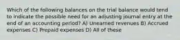 Which of the following balances on the trial balance would tend to indicate the possible need for an adjusting journal entry at the end of an accounting period? A) Unearned revenues B) Accrued expenses C) Prepaid expenses D) All of these