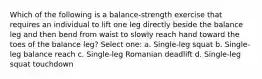 Which of the following is a balance-strength exercise that requires an individual to lift one leg directly beside the balance leg and then bend from waist to slowly reach hand toward the toes of the balance leg? Select one: a. Single-leg squat b. Single-leg balance reach c. Single-leg Romanian deadlift d. Single-leg squat touchdown