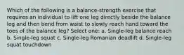 Which of the following is a balance-strength exercise that requires an individual to lift one leg directly beside the balance leg and then bend from waist to slowly reach hand toward the toes of the balance leg? Select one: a. Single-leg balance reach b. Single-leg squat c. Single-leg Romanian deadlift d. Single-leg squat touchdown