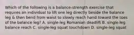 Which of the following is a balance-strength exercise that requires an individual to lift one leg directly beside the balance leg & then bend from waist to slowly reach hand toward the toes of the balance leg? A. single-leg Romanian deadlift B. single-leg balance reach C. single-leg squat touchdown D. single-leg squat