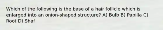 Which of the following is the base of a hair follicle which is enlarged into an onion-shaped structure? A) Bulb B) Papilla C) Root D) Shaf