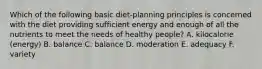 Which of the following basic diet-planning principles is concerned with the diet providing sufficient energy and enough of all the nutrients to meet the needs of healthy people? A. kilocalorie (energy) B. balance C. balance D. moderation E. adequacy F. variety