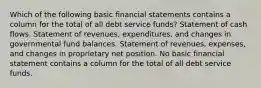 Which of the following basic financial statements contains a column for the total of all debt service funds? Statement of cash flows. Statement of revenues, expenditures, and changes in governmental fund balances. Statement of revenues, expenses, and changes in proprietary net position. No basic financial statement contains a column for the total of all debt service funds.