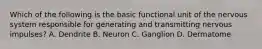 Which of the following is the basic functional unit of the nervous system responsible for generating and transmitting nervous impulses? A. Dendrite B. Neuron C. Ganglion D. Dermatome