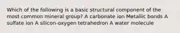 Which of the following is a basic structural component of the most common mineral group? A carbonate ion Metallic bonds A sulfate ion A silicon-oxygen tetrahedron A water molecule