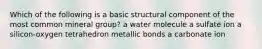 Which of the following is a basic structural component of the most common mineral group? a water molecule a sulfate ion a silicon-oxygen tetrahedron metallic bonds a carbonate ion