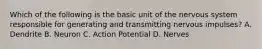 Which of the following is the basic unit of the nervous system responsible for generating and transmitting nervous impulses? A. Dendrite B. Neuron C. Action Potential D. Nerves
