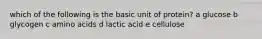 which of the following is the basic unit of protein? a glucose b glycogen c amino acids d lactic acid e cellulose