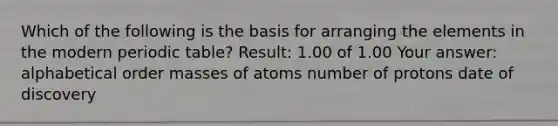 Which of the following is the basis for arranging the elements in the modern periodic table? Result: 1.00 of 1.00 Your answer: alphabetical order masses of atoms number of protons date of discovery