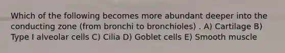 Which of the following becomes more abundant deeper into the conducting zone (from bronchi to bronchioles) . A) Cartilage B) Type I alveolar cells C) Cilia D) Goblet cells E) Smooth muscle