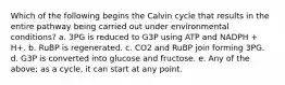 Which of the following begins the Calvin cycle that results in the entire pathway being carried out under environmental conditions? a. 3PG is reduced to G3P using ATP and NADPH + H+. b. RuBP is regenerated. c. CO2 and RuBP join forming 3PG. d. G3P is converted into glucose and fructose. e. Any of the above; as a cycle, it can start at any point.