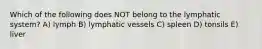 Which of the following does NOT belong to the lymphatic system? A) lymph B) lymphatic vessels C) spleen D) tonsils E) liver