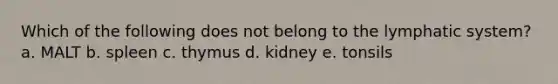 Which of the following does not belong to the lymphatic system? a. MALT b. spleen c. thymus d. kidney e. tonsils