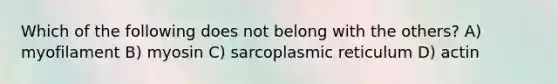 Which of the following does not belong with the others? A) myofilament B) myosin C) sarcoplasmic reticulum D) actin