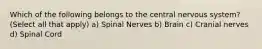 Which of the following belongs to the central nervous system? (Select all that apply) a) Spinal Nerves b) Brain c) Cranial nerves d) Spinal Cord