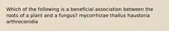 Which of the following is a beneficial association between the roots of a plant and a fungus? mycorrhizae thallus haustoria arthroconidia