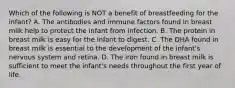 Which of the following is NOT a benefit of breastfeeding for the infant? A. The antibodies and immune factors found in breast milk help to protect the infant from infection. B. The protein in breast milk is easy for the infant to digest. C. The DHA found in breast milk is essential to the development of the infant's nervous system and retina. D. The iron found in breast milk is sufficient to meet the infant's needs throughout the first year of life.