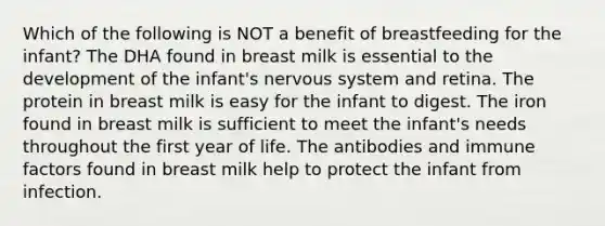 Which of the following is NOT a benefit of breastfeeding for the infant? The DHA found in breast milk is essential to the development of the infant's nervous system and retina. The protein in breast milk is easy for the infant to digest. The iron found in breast milk is sufficient to meet the infant's needs throughout the first year of life. The antibodies and immune factors found in breast milk help to protect the infant from infection.