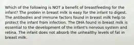 Which of the following is NOT a benefit of breastfeeding for the infant? The protein in breast milk is easy for the infant to digest. The antibodies and immune factors found in breast milk help to protect the infant from infection. The DHA found in breast milk is essential to the development of the infant's nervous system and retina. The infant does not absorb the unhealthy levels of fat in breast milk.