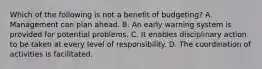 Which of the following is not a benefit of budgeting? A. Management can plan ahead. B. An early warning system is provided for potential problems. C. It enables disciplinary action to be taken at every level of responsibility. D. The coordination of activities is facilitated.