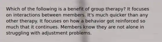 Which of the following is a benefit of group therapy? It focuses on interactions between members. It's much quicker than any other therapy. It focuses on how a behavior got reinforced so much that it continues. Members know they are not alone in struggling with adjustment problems.