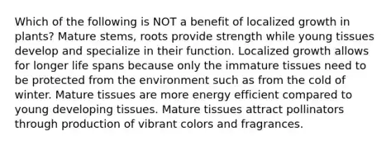 Which of the following is NOT a benefit of localized growth in plants? Mature stems, roots provide strength while young tissues develop and specialize in their function. Localized growth allows for longer life spans because only the immature tissues need to be protected from the environment such as from the cold of winter. Mature tissues are more energy efficient compared to young developing tissues. Mature tissues attract pollinators through production of vibrant colors and fragrances.