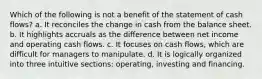 Which of the following is not a benefit of the statement of cash flows? a. It reconciles the change in cash from the balance sheet. b. It highlights accruals as the difference between net income and operating cash flows. c. It focuses on cash flows, which are difficult for managers to manipulate. d. It is logically organized into three intuitive sections: operating, investing and financing.