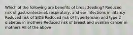 Which of the following are benefits of breastfeeding? Reduced risk of gastrointestinal, respiratory, and ear infections in infancy Reduced risk of SIDS Reduced risk of hypertension and type 2 diabetes in mothers Reduced risk of breast and ovarian cancer in mothers All of the above