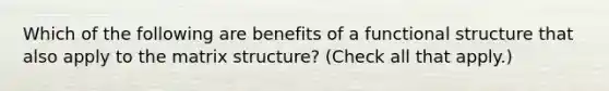 Which of the following are benefits of a functional structure that also apply to the matrix structure? (Check all that apply.)