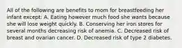 All of the following are benefits to mom for breastfeeding her infant except: A. Eating however much food she wants because she will lose weight quickly. B. Conserving her iron stores for several months decreasing risk of anemia. C. Decreased risk of breast and ovarian cancer. D. Decreased risk of type 2 diabetes.