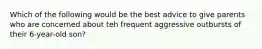 Which of the following would be the best advice to give parents who are concerned about teh frequent aggressive outbursts of their 6-year-old son?