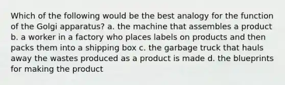 Which of the following would be the best analogy for the function of the Golgi apparatus? a. the machine that assembles a product b. a worker in a factory who places labels on products and then packs them into a shipping box c. the garbage truck that hauls away the wastes produced as a product is made d. the blueprints for making the product