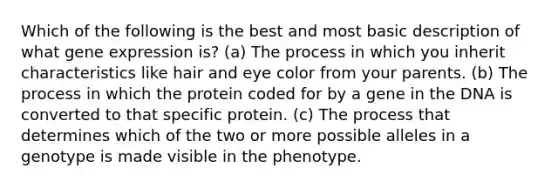 Which of the following is the best and most basic description of what gene expression is? (a) The process in which you inherit characteristics like hair and eye color from your parents. (b) The process in which the protein coded for by a gene in the DNA is converted to that specific protein. (c) The process that determines which of the two or more possible alleles in a genotype is made visible in the phenotype.