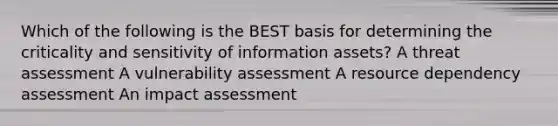 Which of the following is the BEST basis for determining the criticality and sensitivity of information assets? A threat assessment A vulnerability assessment A resource dependency assessment An impact assessment