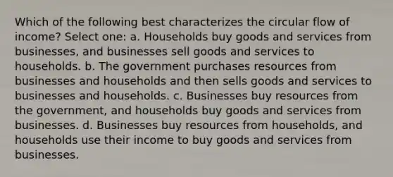 Which of the following best characterizes the circular flow of income? Select one: a. Households buy goods and services from businesses, and businesses sell goods and services to households. b. The government purchases resources from businesses and households and then sells goods and services to businesses and households. c. Businesses buy resources from the government, and households buy goods and services from businesses. d. Businesses buy resources from households, and households use their income to buy goods and services from businesses.