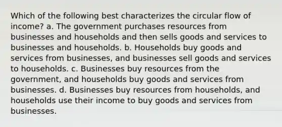 Which of the following best characterizes the circular flow of income? a. The government purchases resources from businesses and households and then sells goods and services to businesses and households. b. Households buy goods and services from businesses, and businesses sell goods and services to households. c. Businesses buy resources from the government, and households buy goods and services from businesses. d. Businesses buy resources from households, and households use their income to buy goods and services from businesses.