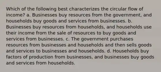 Which of the following best characterizes the circular flow of income? a. Businesses buy resources from the government, and households buy goods and services from businesses. b. Businesses buy resources from households, and households use their income from the sale of resources to buy goods and services from businesses. c. The government purchases resources from businesses and households and then sells goods and services to businesses and households. d. Households buy factors of production from businesses, and businesses buy goods and services from households.