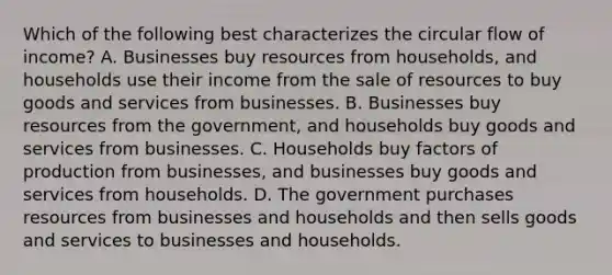 Which of the following best characterizes the circular flow of income? A. Businesses buy resources from households, and households use their income from the sale of resources to buy goods and services from businesses. B. Businesses buy resources from the government, and households buy goods and services from businesses. C. Households buy factors of production from businesses, and businesses buy goods and services from households. D. The government purchases resources from businesses and households and then sells goods and services to businesses and households.