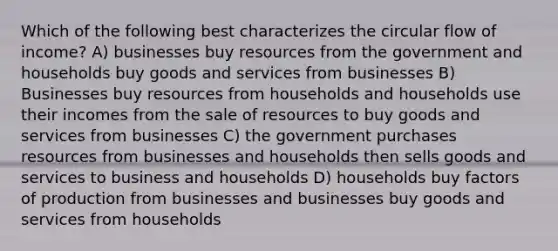 Which of the following best characterizes the circular flow of income? A) businesses buy resources from the government and households buy goods and services from businesses B) Businesses buy resources from households and households use their incomes from the sale of resources to buy goods and services from businesses C) the government purchases resources from businesses and households then sells goods and services to business and households D) households buy factors of production from businesses and businesses buy goods and services from households