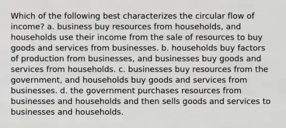 Which of the following best characterizes the circular flow of income? a. business buy resources from households, and households use their income from the sale of resources to buy goods and services from businesses. b. households buy factors of production from businesses, and businesses buy goods and services from households. c. businesses buy resources from the government, and households buy goods and services from businesses. d. the government purchases resources from businesses and households and then sells goods and services to businesses and households.