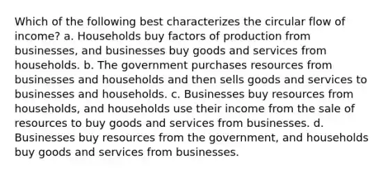 Which of the following best characterizes the circular flow of income? a. Households buy factors of production from businesses, and businesses buy goods and services from households. b. The government purchases resources from businesses and households and then sells goods and services to businesses and households. c. Businesses buy resources from households, and households use their income from the sale of resources to buy goods and services from businesses. d. Businesses buy resources from the government, and households buy goods and services from businesses.