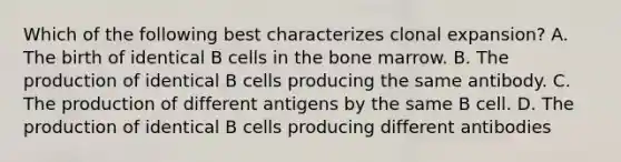 Which of the following best characterizes clonal expansion? A. The birth of identical B cells in the bone marrow. B. The production of identical B cells producing the same antibody. C. The production of different antigens by the same B cell. D. The production of identical B cells producing different antibodies