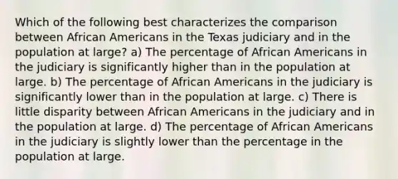 Which of the following best characterizes the comparison between African Americans in the Texas judiciary and in the population at large? a) The percentage of African Americans in the judiciary is significantly higher than in the population at large. b) The percentage of African Americans in the judiciary is significantly lower than in the population at large. c) There is little disparity between African Americans in the judiciary and in the population at large. d) The percentage of African Americans in the judiciary is slightly lower than the percentage in the population at large.